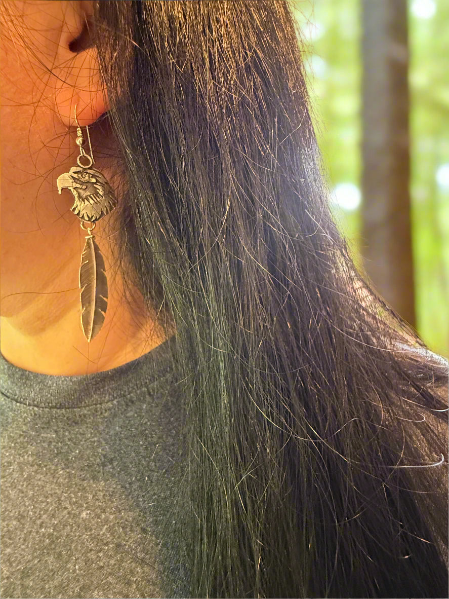 Eagle overlay with feather sterling silver dangle earring by Marla Skye