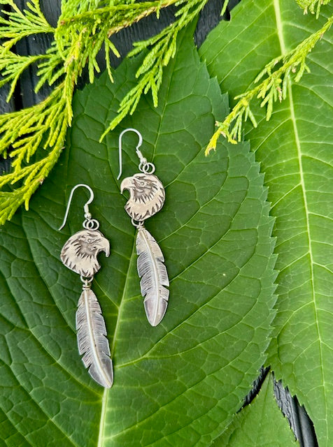 Eagle overlay with feather sterling silver dangle earring by Marla Skye