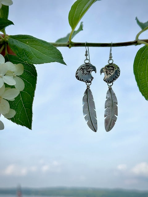 Eagle overlay with feather sterling silver dangle earring by Marla Skye